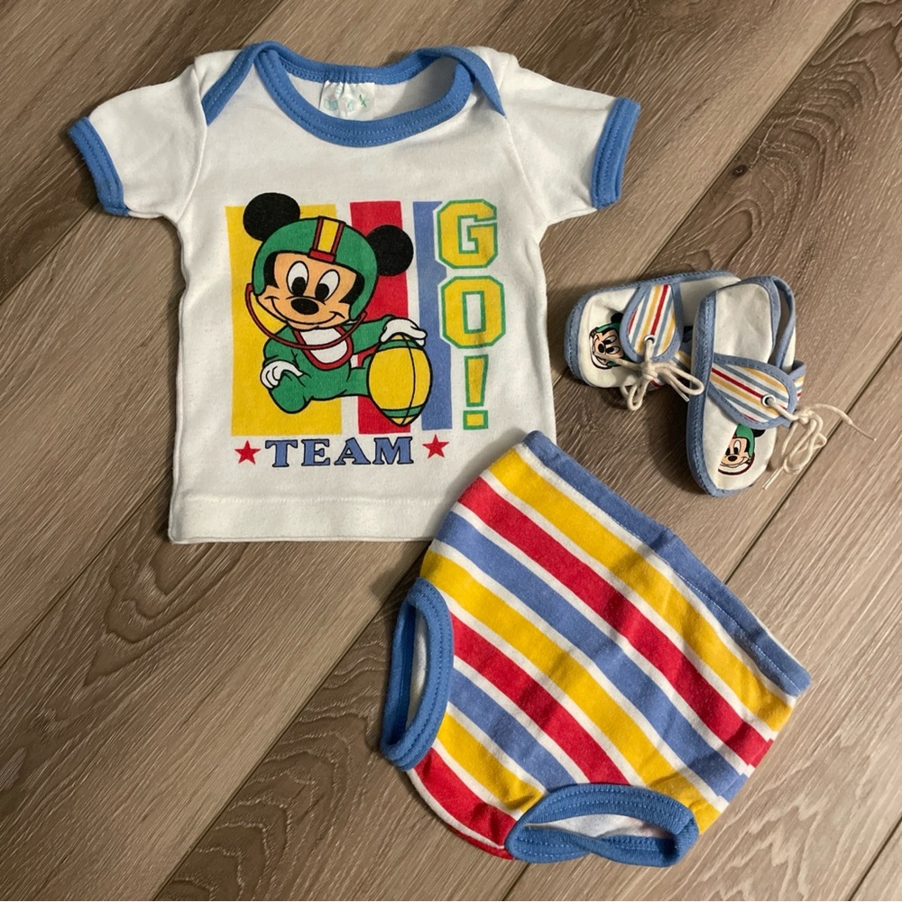 Vintage 80s Disney Babies Football Mickey Mouse Matching Outfit Set Shoes EUC